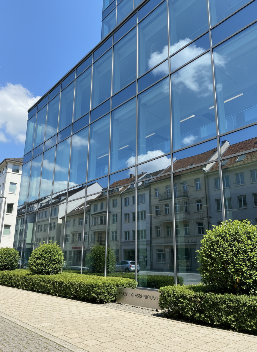 A spotless glass office façade in a German city, its large floor-to-ceiling windows reflecting a clear blue sky and neighboring buildings without any streaks or water marks. The window frames are clean dark metal, contrasting with the transparency of the glass. Below, a well-kept sidewalk and a few trimmed shrubs frame the building, all free of litter or dust. The scene is captured in bright daylight with the sun slightly off to the side, creating crisp but controlled highlights along the window edges. Shot from a slightly low angle in photographic realism, the composition highlights the vertical lines of the façade and communicates precision window and glass cleaning services.