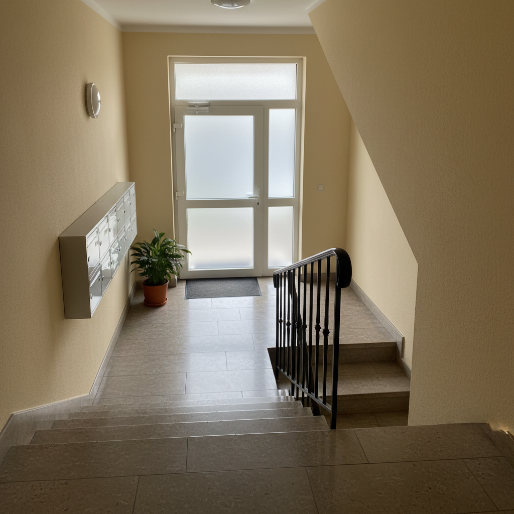 A bright, freshly cleaned apartment stairwell in a German residential building, with smooth light-beige walls, perfectly scrubbed stone steps, and a dark metal handrail that gleams subtly. The tiled floor at the entrance reflects soft afternoon daylight coming through a frosted glass door, emphasizing the absence of dust or footprints. Mailboxes along one wall are spotless and neatly labeled, while a simple potted plant in the corner adds a touch of color. Shot from a slightly elevated angle looking down the staircase, with photographic realism and balanced composition, the mood is orderly and welcoming, highlighting professional stairwell cleaning services without any people present.