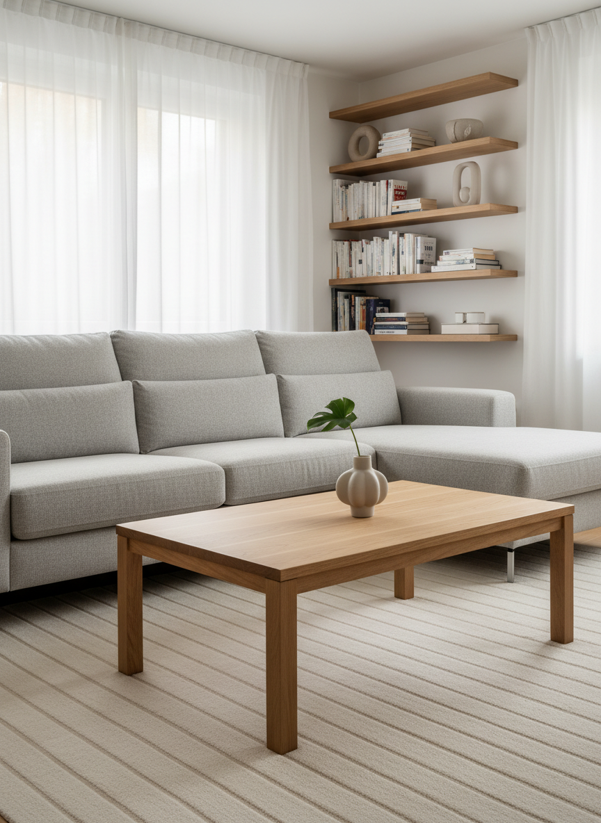 A tidy, freshly cleaned living room in a modern German apartment, featuring a light-grey fabric sofa with perfectly smoothed cushions, a dust-free wooden coffee table, and a soft rug that looks recently vacuumed with visible, orderly patterns. Shelves in the background hold neatly arranged books and decor, all free of dust. Gentle morning light enters through sheer curtains, creating a warm but clean atmosphere with soft shadows under the furniture. Photographic realism at an eye-level perspective with balanced composition emphasizes comfort and hygiene, portraying professional household cleaning services without showing any people, only the results of careful, regular maintenance.