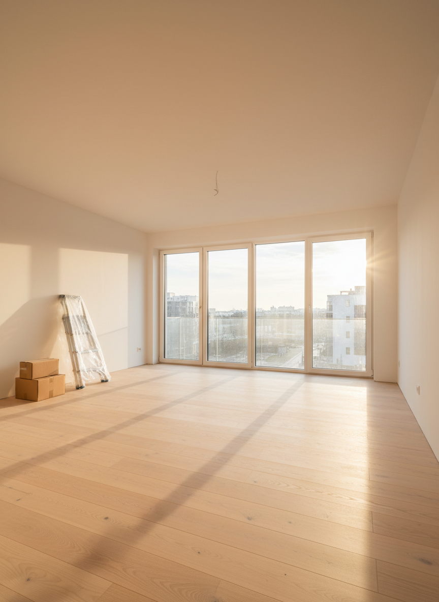A nearly completed construction site interior undergoing final post-construction cleaning, with freshly installed light wood flooring, unblemished white walls, and large triple-glazed windows free of any dust or stickers. Tools and debris have been removed, leaving only a few neatly stacked cardboard boxes and a clean plastic-covered ladder in one corner. Late afternoon natural light enters through the windows, casting long but soft shadows that highlight the flawless surfaces. Captured in photographic realism from a wide-angle, slightly low perspective, the composition emphasizes the transformation from construction zone to ready-to-use space, conveying thoroughness, reliability, and professional building final cleaning services.