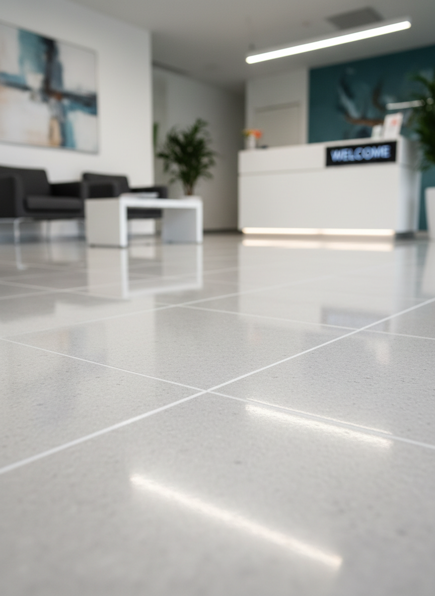 A close-up, detailed view of a professional deep-cleaned commercial floor, showing the subtle texture and sheen of freshly treated light-grey stone tiles. Every grout line appears immaculate, with no discoloration or residue. In the background, slightly out of focus, a modern lobby interior is visible with minimalistic furniture and a tidy reception counter, all perfectly aligned. Overhead neutral-white LED lighting creates crisp reflections on the floor surface, emphasizing cleanliness and precision. Photographic realism with a shallow depth of field brings attention to the floor treatment, while the overall mood is meticulous and hygienic, ideal for illustrating intensive basic cleaning services for business clients.