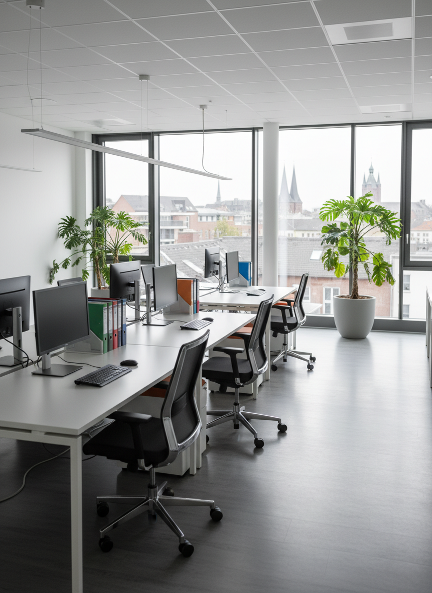 A meticulously arranged, modern office interior after a professional cleaning, featuring spotless white desks with neatly aligned monitors, gleaming chrome chair bases, and a flawless grey laminate floor free of any marks. Large floor-to-ceiling windows reveal a soft overcast German cityscape outside, while diffused daylight floods the space, creating gentle reflections on every polished surface. No people are present, only pristine furniture, organized folders, and a few healthy green plants in matte white planters. Captured at eye level with photographic realism and sharp focus throughout, the composition uses clean, straight lines to emphasize order and hygiene, conveying a calm, professional, and trustworthy atmosphere suitable for a corporate cleaning service website.